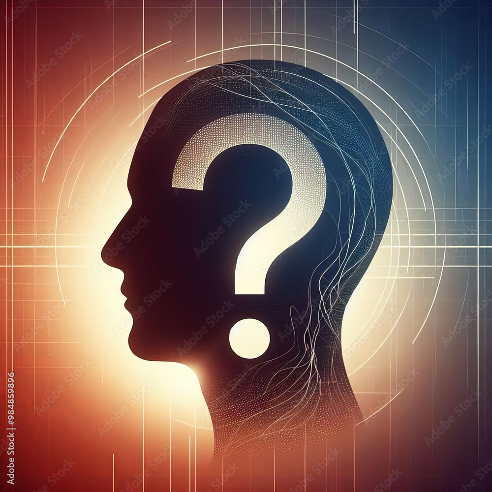 Poster an artistic representation of a human head silhouette with a question mark in the center, symbolizin
