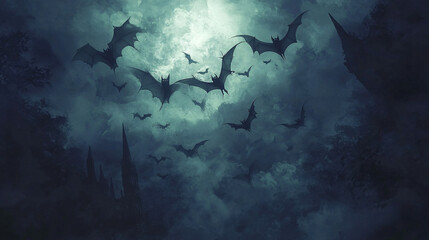 A Gothic-inspired illustration of bats soaring through a night sky filled with arcane symbols.
