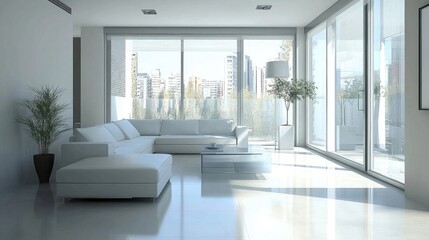 Fototapeta premium A modern minimalist living room with sleek furniture, neutral tones, and large windows allowing natural light to flood the space.