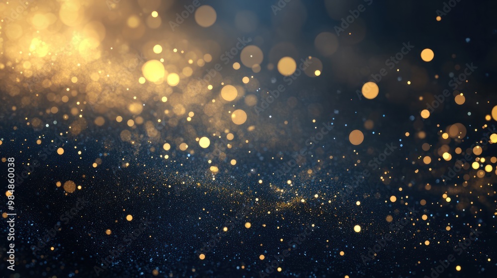 Poster abstract dark blue and gold particle background with glittering bokeh lights and defocused particles