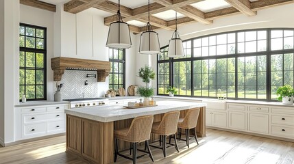 Modern kitchen interior with wooden island and bright natural light through large windows, creating a warm and inviting atmosphere.