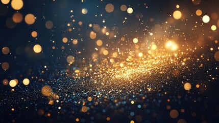 abstract golden particles and sprinkles powder explosion for a holiday celebration like christmas. shiny gold lights. wallpaper background for ads or gifts wrap and web design
