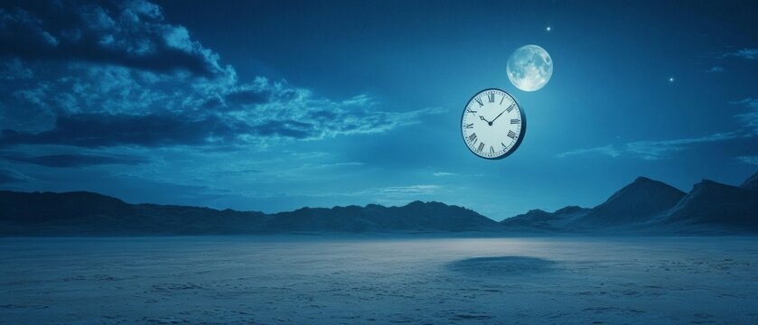 A clock is floating in the sky above a desert landscape