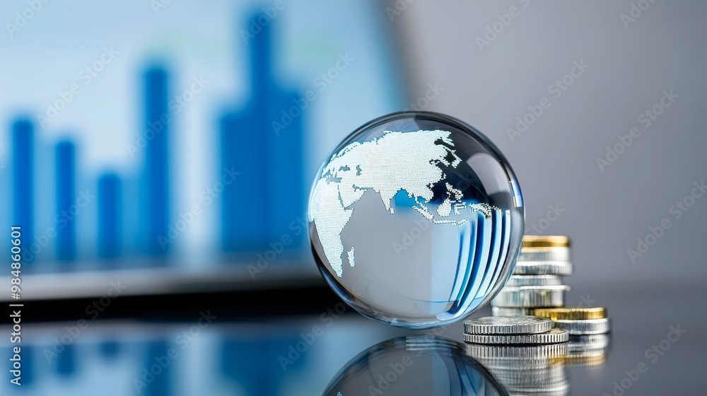 Poster a crystal globe representing the world rests on a stack of coins, with a blurred laptop displaying a