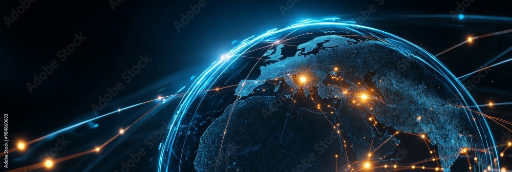 Poster global network connectivity: a glowing earth with interconnected lines symbolizing communication, te