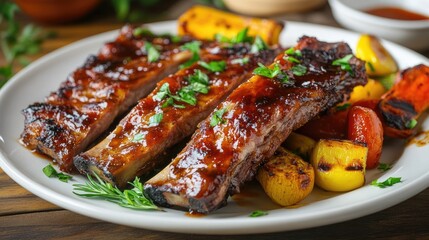 A mouthwatering plate of grilled pork ribs with a sticky, caramelized glaze, garnished with fresh herbs and served alongside roasted vegetables.