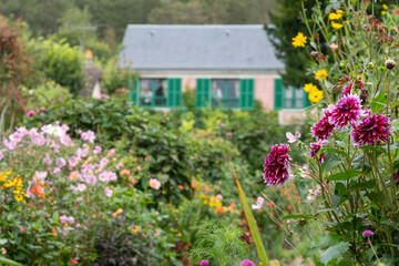 Colourful flowers in the garden at the impressionist painter, Claude Monet's house in Giverny,...