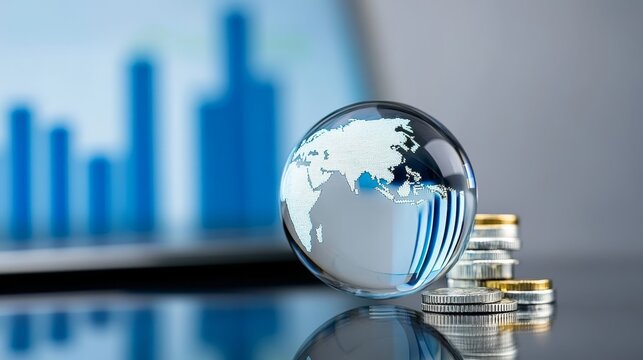 A crystal globe representing the world rests on a stack of coins, with a blurred laptop displaying a graph in the background, symbolizing global business strategies, financial growth, data analysis, a