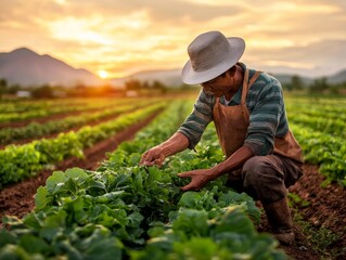 A farmer tending to a field of diverse crops, with no chemicals in sight, embodying the principles of organic farming