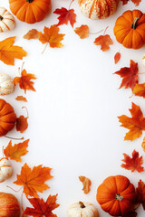 Fall background with orange pumpkins and fall leaves on a light surface
