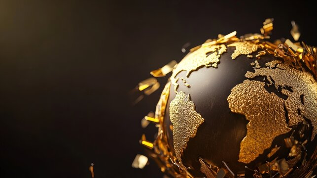 A stunning golden globe sculpture, symbolizing global interconnectedness, success, leadership, and achievement, with a dark background highlighting the golden details.