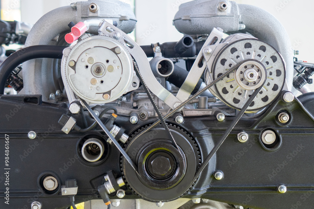 Wall mural details of a construction of a car engine, belts and gears