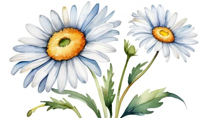 Fototapeta premium Hand-painted watercolor daisies with white petals and yellow centers. A delicate and beautiful representation of springtime nature in bloom