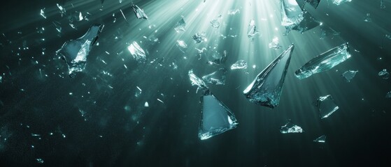 A photo of shattered glass in the air with a bright light shining on it