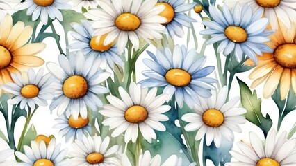 Fototapeta premium Delicate watercolor pattern of white daisies with lush greenery, perfect for spring and summer-themed designs, from textiles to wallpapers