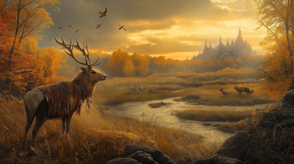 A tribute to the natural world, emphasizing the connection between Native American communities and the land, with imagery of sacred animals and landscapes, Native American Day