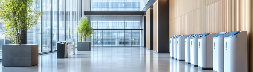 Fototapeta premium Modern clean office lobby with large windows, natural light, indoor plants, and recycling bins, creating an eco-friendly environment.