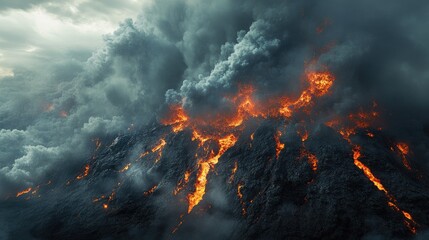 Naklejka premium A panoramic view of a volcanic eruption with a massive ash cloud and flowing lava, capturing the scale and impact of the natural disaster.
