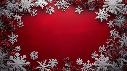Charming winter frame with frosted snowflakes and red berries on a deep red background for holiday celebration