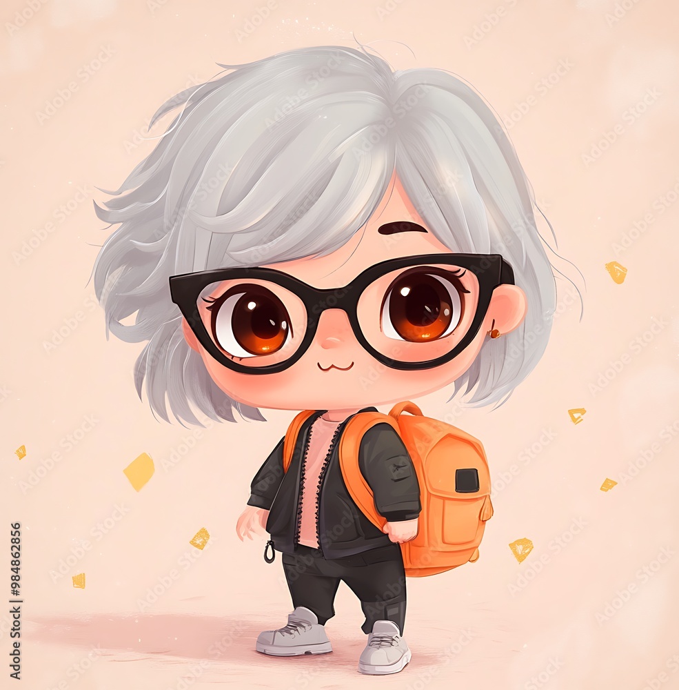 Wall mural Cute cartoon girl with grey hair, glasses and orange backpack. Adorable illustration for kids and teens.