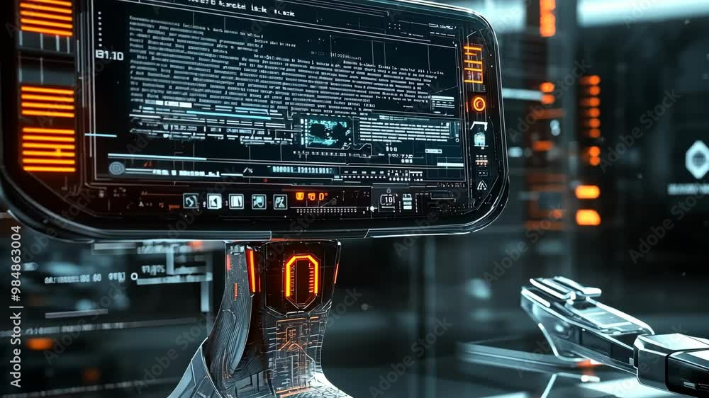 Poster futuristic workstation with advanced technology and holographic interface in a sci-fi environment