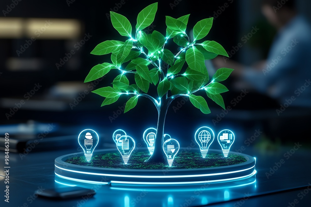 Poster incubator as a tree of ideas, with glowing branches representing new business concepts growing