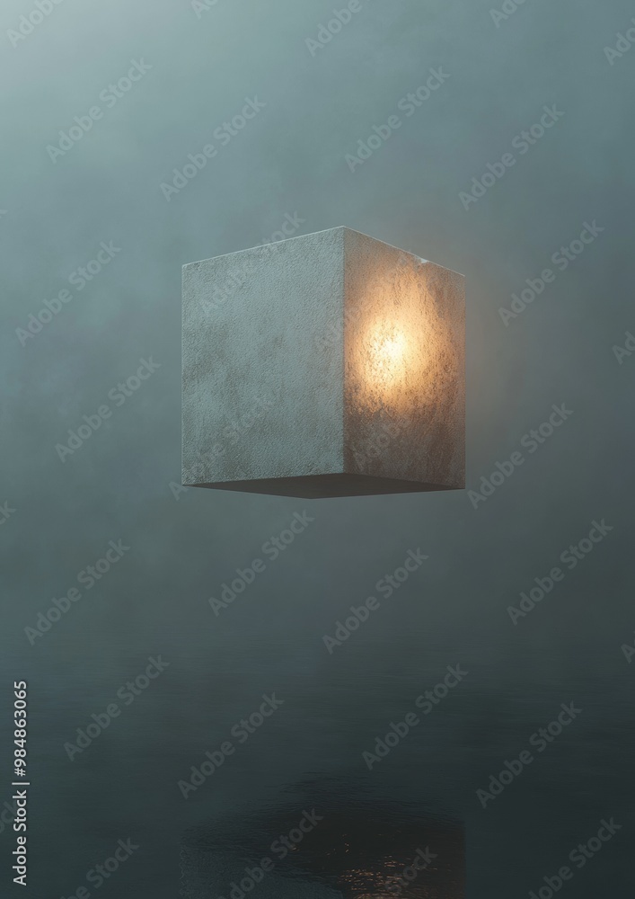 Poster a cube is floating in the air with a light shining on it