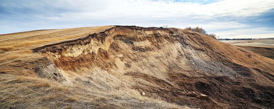 Eroded landscape with visible soil layers, demonstrating natural geological formations under cloudy sky.