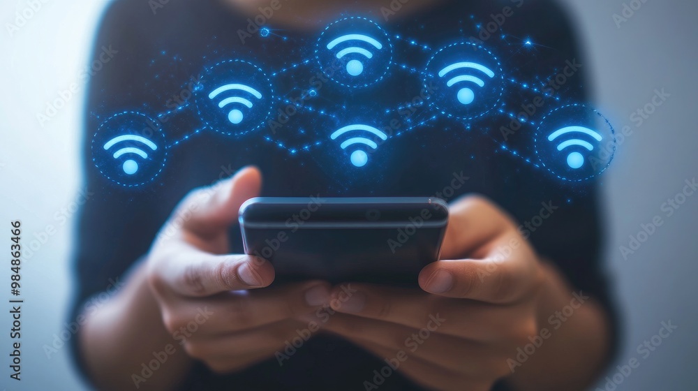Poster a person holding a smartphone with icons of wi-fi, bluetooth, and data signals floating above, repre