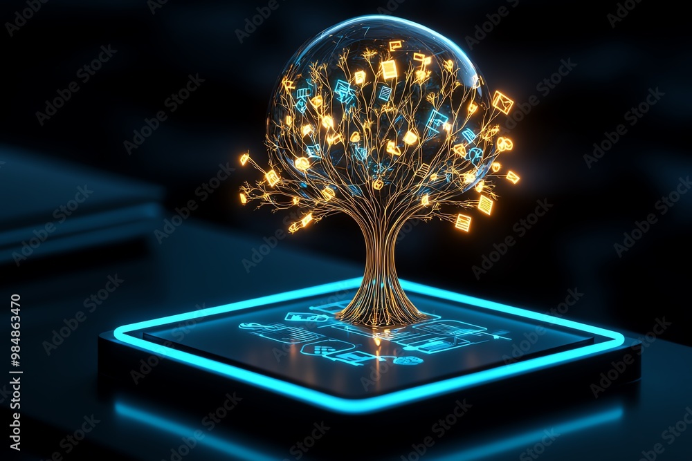 Poster incubator as a tree of ideas, with glowing branches representing new business concepts growing