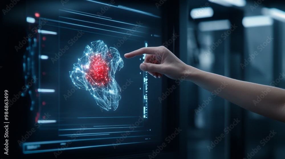 Poster a sleek holographic interface displays complex data, with a hand pointing to a glowing red network, 