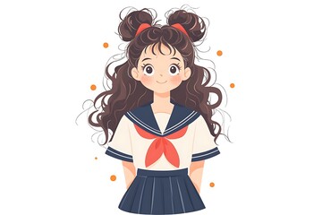 Fototapeta premium Cute anime girl with brown hair in pigtails wearing a sailor school uniform