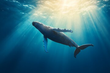 Obraz premium A humpback whale glides gracefully through sunlit waters, showcasing the beauty and wonder of marine life. Its sleek body and powerful fins capture the essence of freedom and grace in this breathtakin