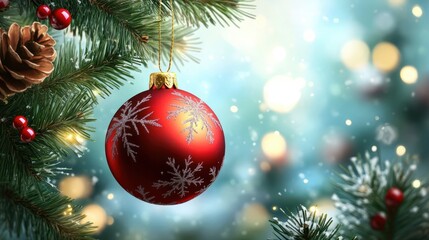 Obraz premium Christmas ornaments xmas Ball hanging on the branches of a Christmas tree On Winter. Background Merry christmas and a happy new year. Holiday banner and poster. Christmas poster and banner