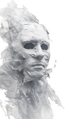 An abstract portrait of a face created with flowing, white paint. The image is full of energy and motion, with the paint swirling and splashing around the face.