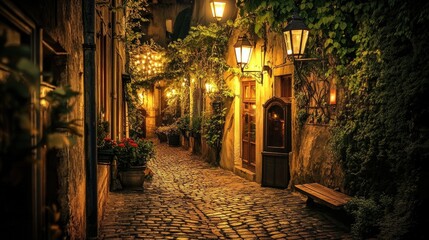 Fototapeta premium A picturesque alleyway illuminated by vintage street lamps, with a cobblestone path and charming architecture creating a romantic nighttime setting.
