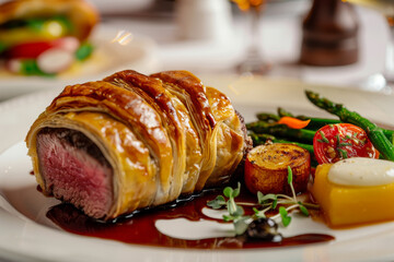 A plate of food with a piece of meat and vegetables