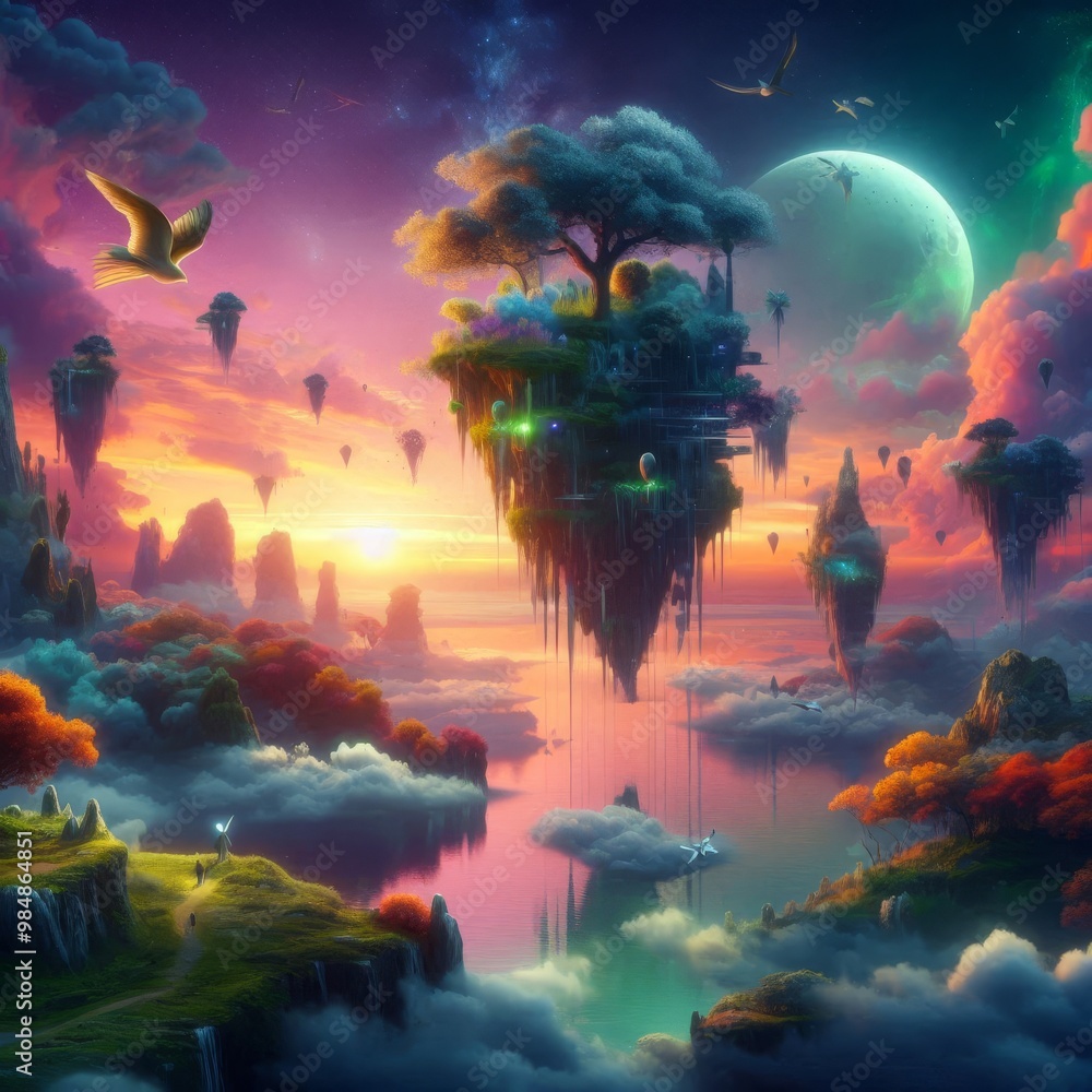Poster surreal floating islands hover above a dreamy landscape at sunset, with vibrant colors and a mystica