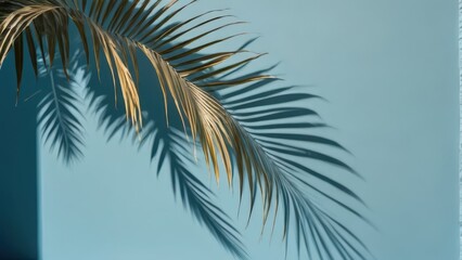 A palm frond casts intricate shadows against a soft blue wall, creating a serene and artistic atmosphere.