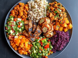 A colorful plate of vegan, nut-free, and gluten-free dishes, arranged to showcase variety and health in allergy-conscious cooking