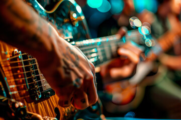 Fototapeta premium A man is playing a guitar with his hand on the neck