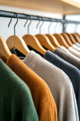 Fototapeta premium A collection of sustainable fashion items displayed on a rack, made from organic and recycled materials, illustrating the choices in ethical fashion