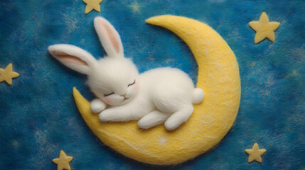 cute little white rabbit is sleeping on a yellow crescent moon. The background is a blue starry sky