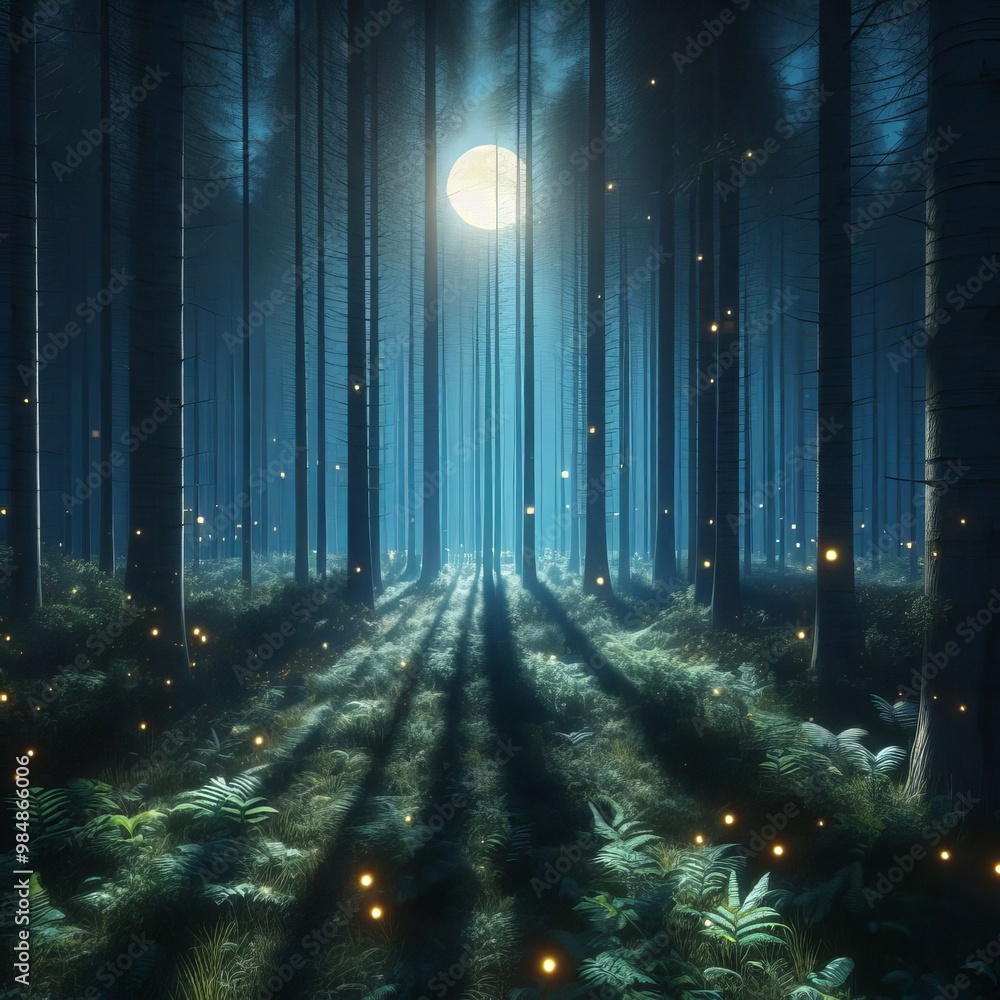 Poster enchanting scene of a moonlit forest illuminated by the soft glow of fireflies. tall trees create a 