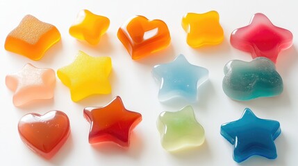 A playful arrangement of jelly desserts shaped like fun forms, such as stars and hearts, set against a white background, showcasing their bright and cheerful appearance.