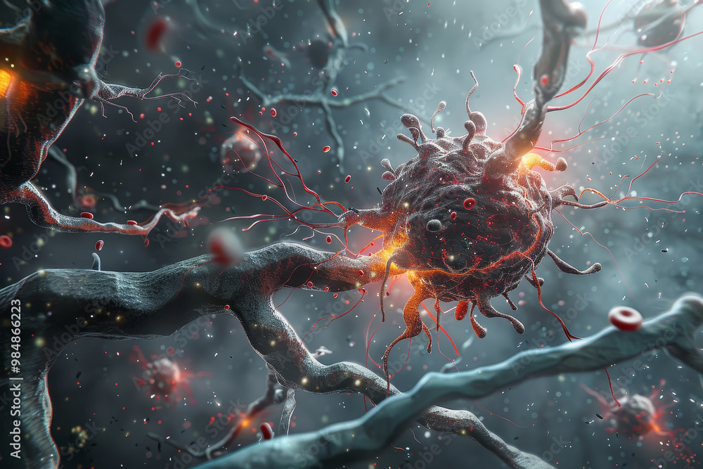 Poster a computer generated image of a cell with a red blob on it