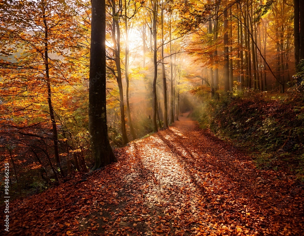 Wall mural sunlit autumn forest path covered in colorful fallen leaves, surrounded by tall trees.