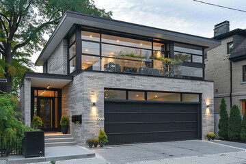 A large brick house with a black garage door