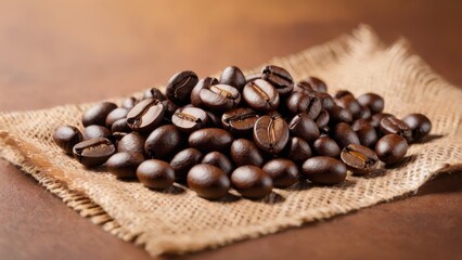 A pile of roasted coffee beans on a burlap cloth, showcasing their rich color and texture.