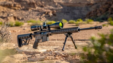 Precision rifle with illuminated scope in a desert setting